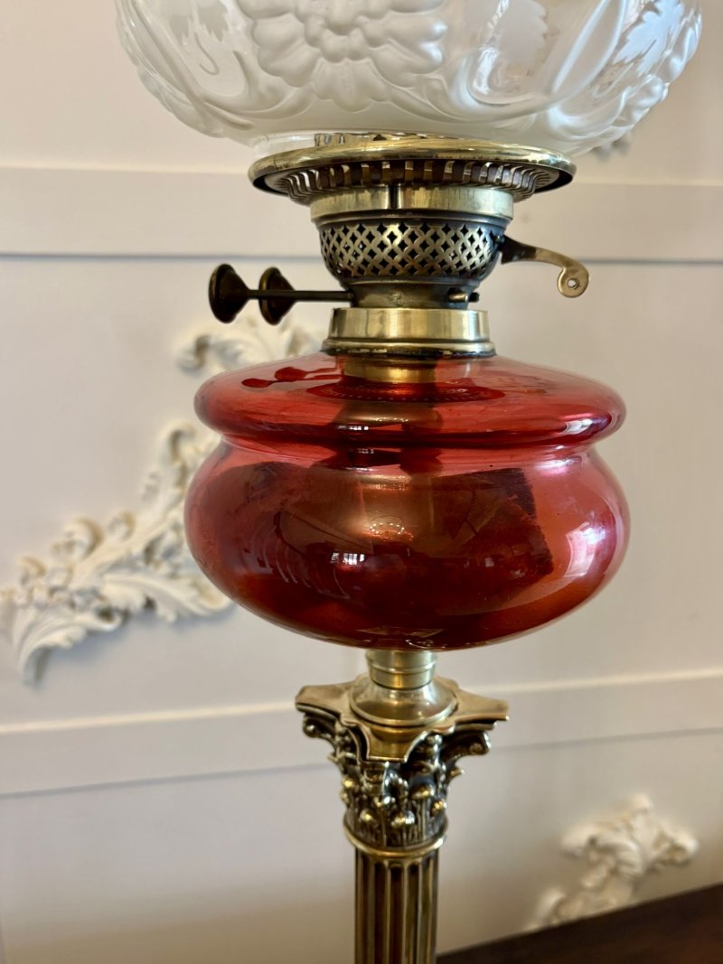 Antique Victorian Cranberry Glass Oil Lamp on Brass Corinthian Column
